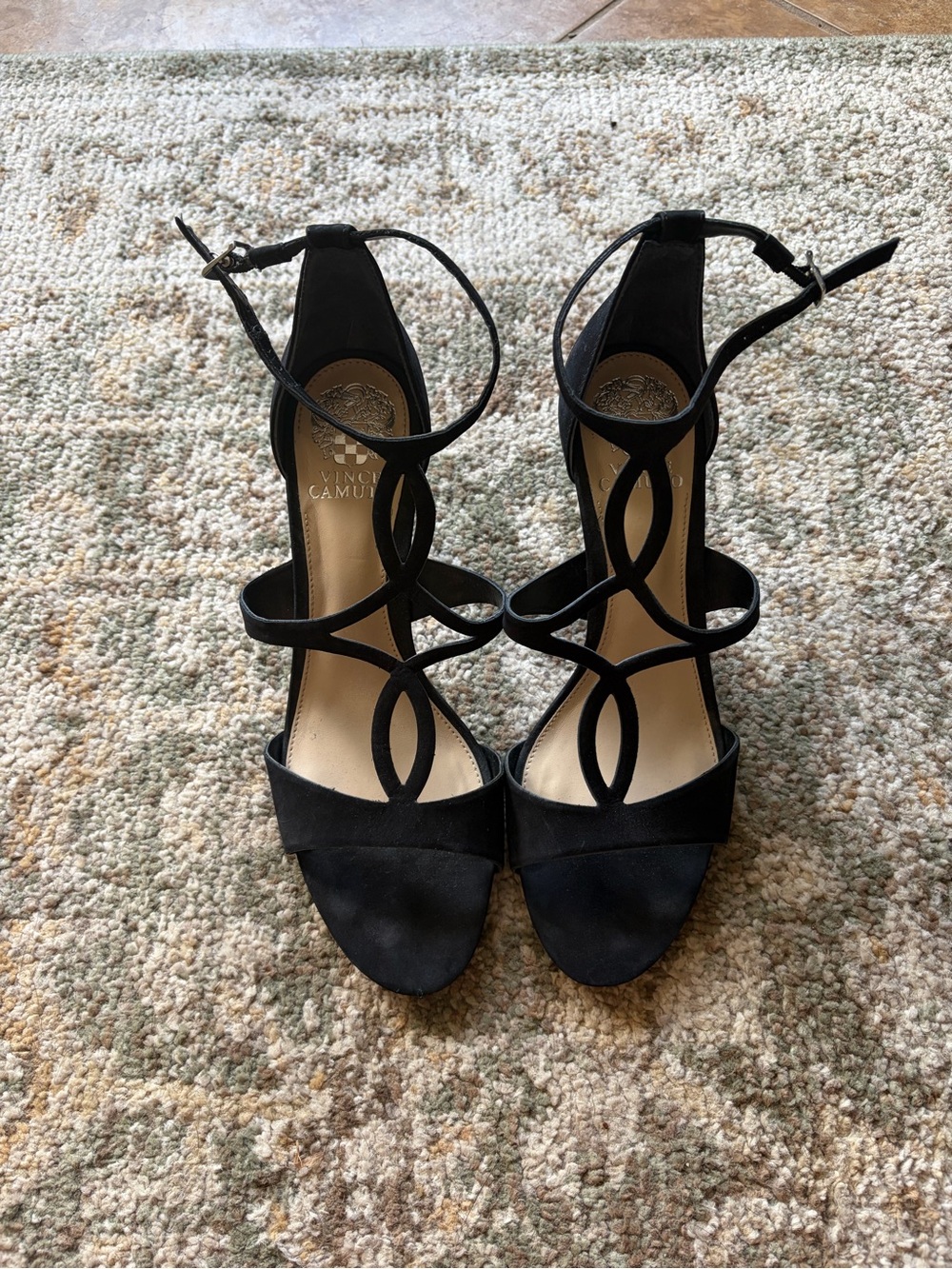 Vince Camuto Black Strappy Suede Heels with Ankle Buckle Size 9